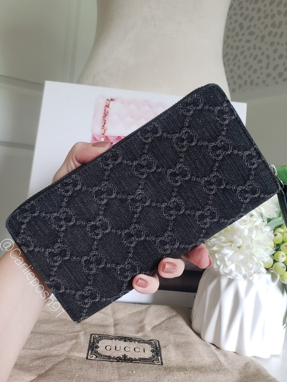 Authentic Pre-owned Gucci Petite Marmont Black Denim & Leather Zip Around Wallet - Picture 3 of 13